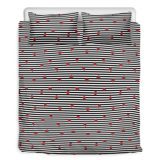 Ladybug Striped Pattern Print Duvet Cover Bedding Set
