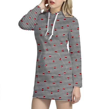 Ladybug Striped Pattern Print Hoodie Dress