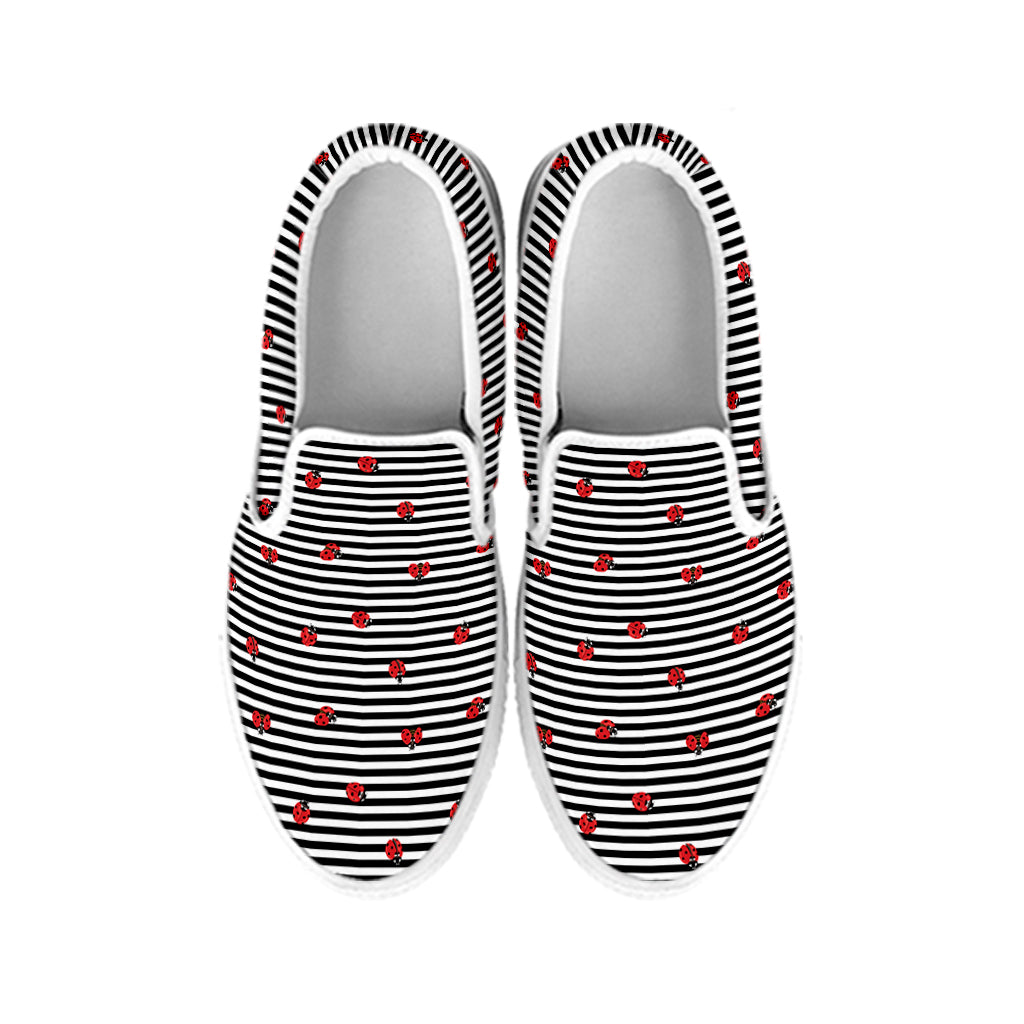 Ladybug Striped Pattern Print White Slip On Shoes