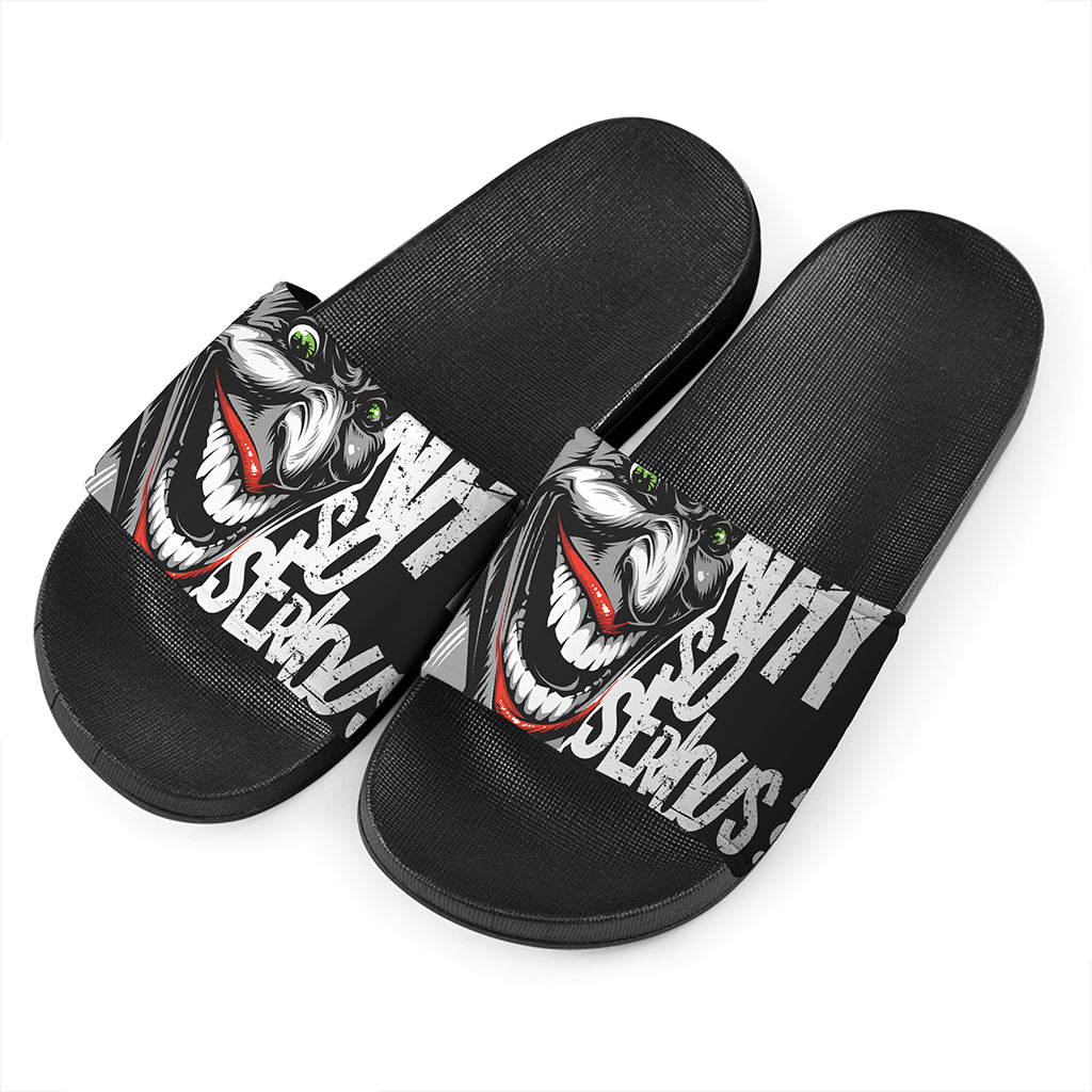 Laughing Joker Why So Serious Print Black Slide Sandals