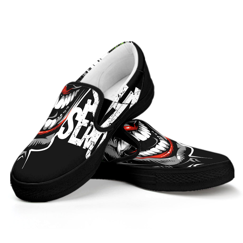 Laughing Joker Why So Serious Print Black Slip On Shoes