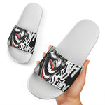 Laughing Joker Why So Serious Print White Slide Sandals