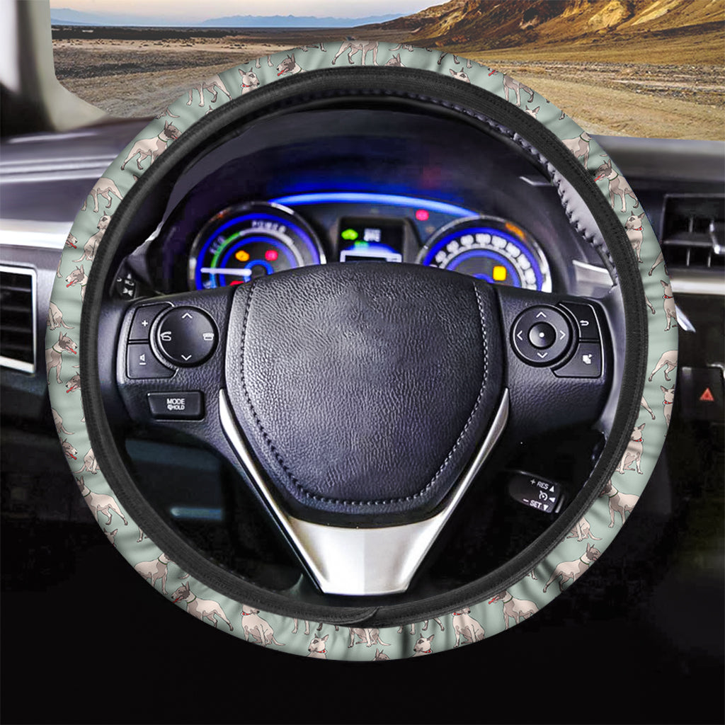 Laurel Green Bull Terrier Pattern Print Car Steering Wheel Cover