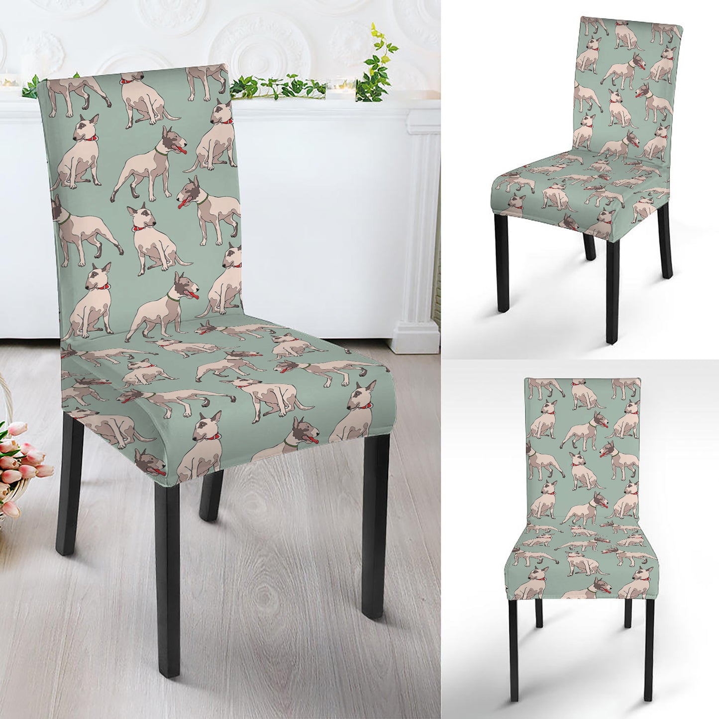 Laurel Green Bull Terrier Pattern Print Dining Chair Slipcover