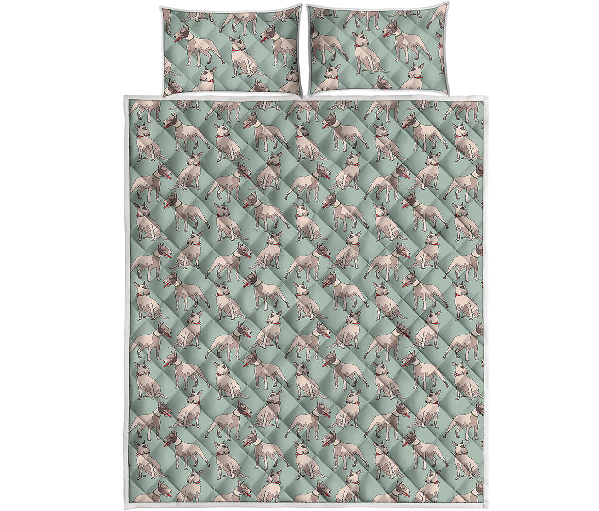 Laurel Green Bull Terrier Pattern Print Quilt Bed Set