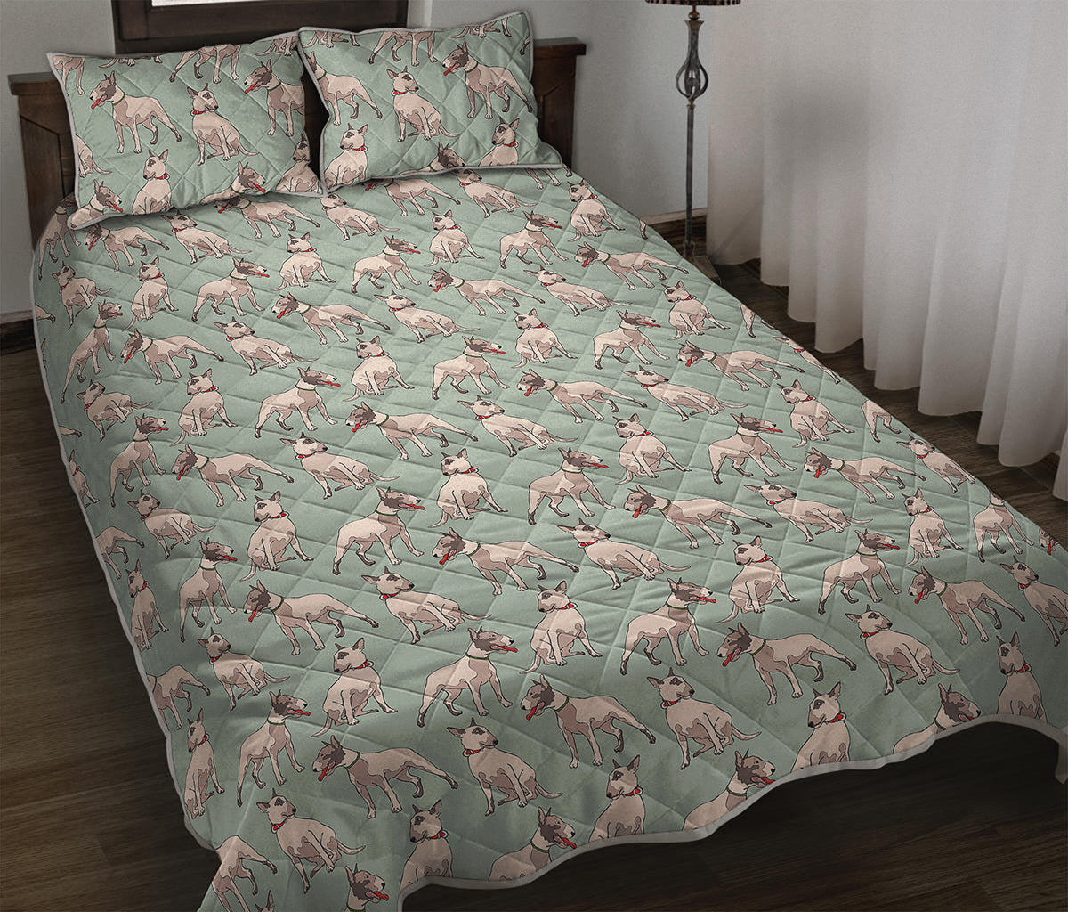 Laurel Green Bull Terrier Pattern Print Quilt Bed Set