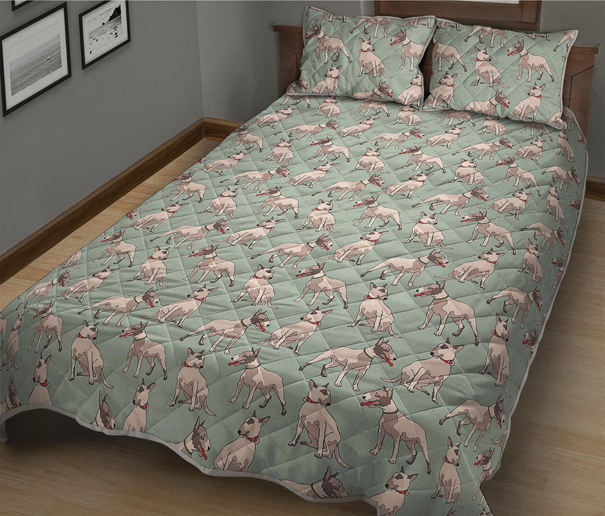 Laurel Green Bull Terrier Pattern Print Quilt Bed Set