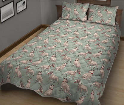 Laurel Green Bull Terrier Pattern Print Quilt Bed Set