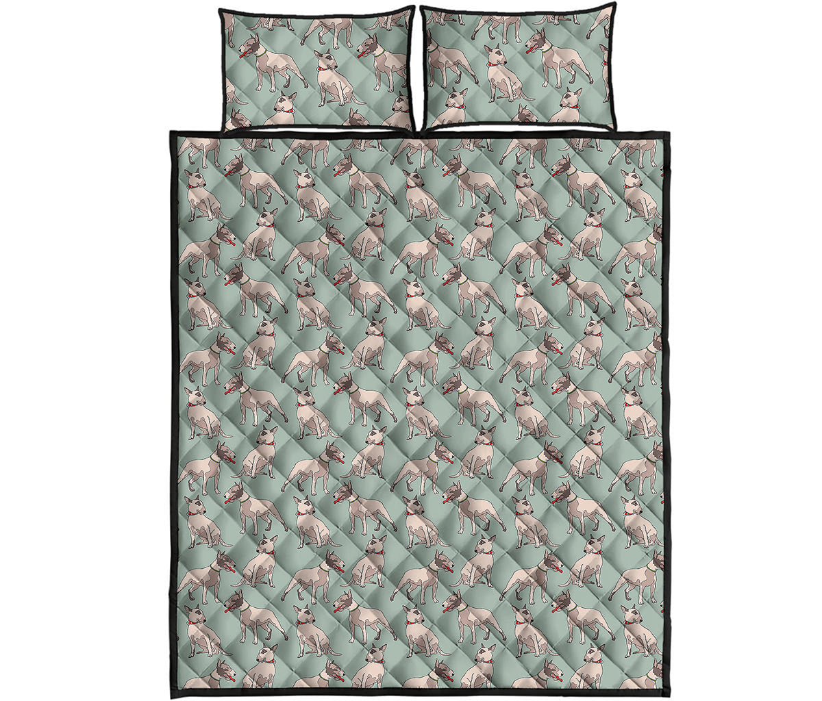Laurel Green Bull Terrier Pattern Print Quilt Bed Set