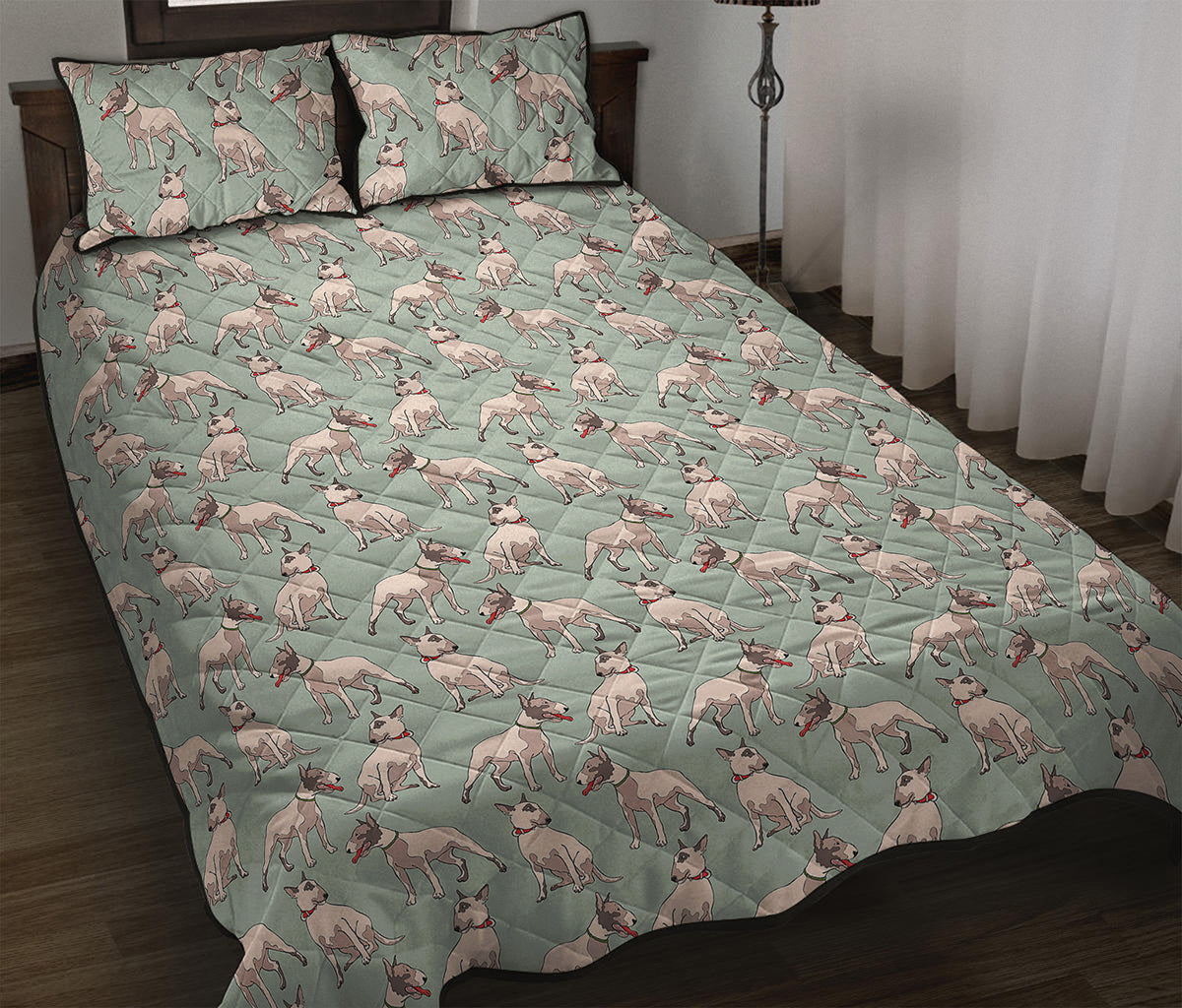 Laurel Green Bull Terrier Pattern Print Quilt Bed Set