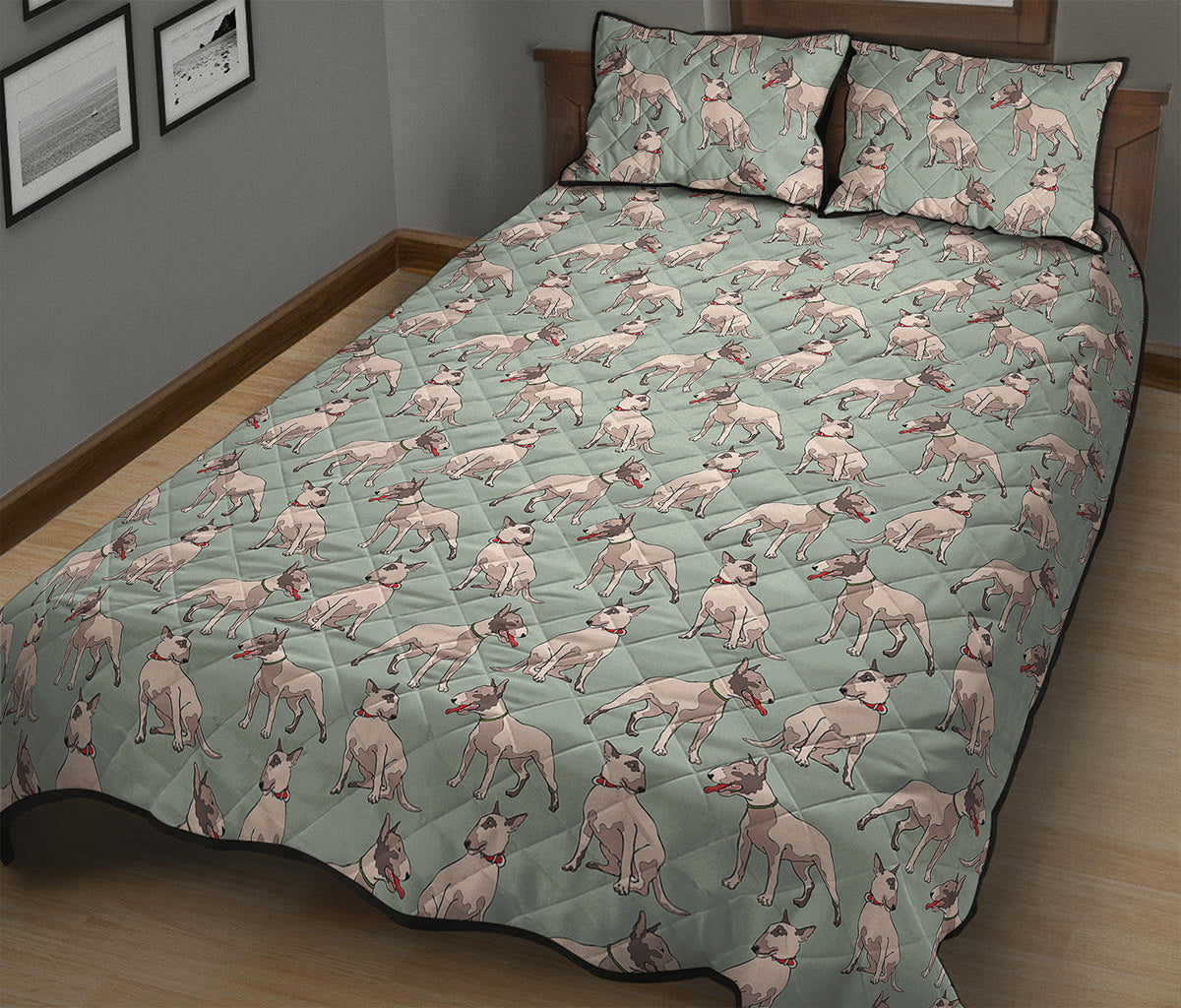 Laurel Green Bull Terrier Pattern Print Quilt Bed Set