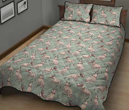 Laurel Green Bull Terrier Pattern Print Quilt Bed Set