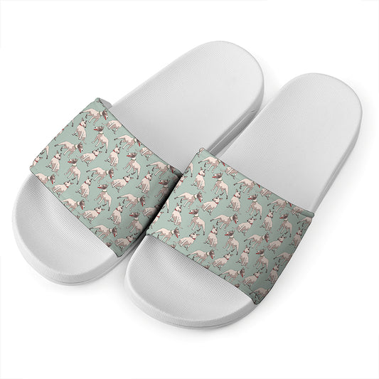 Laurel Green Bull Terrier Pattern Print White Slide Sandals