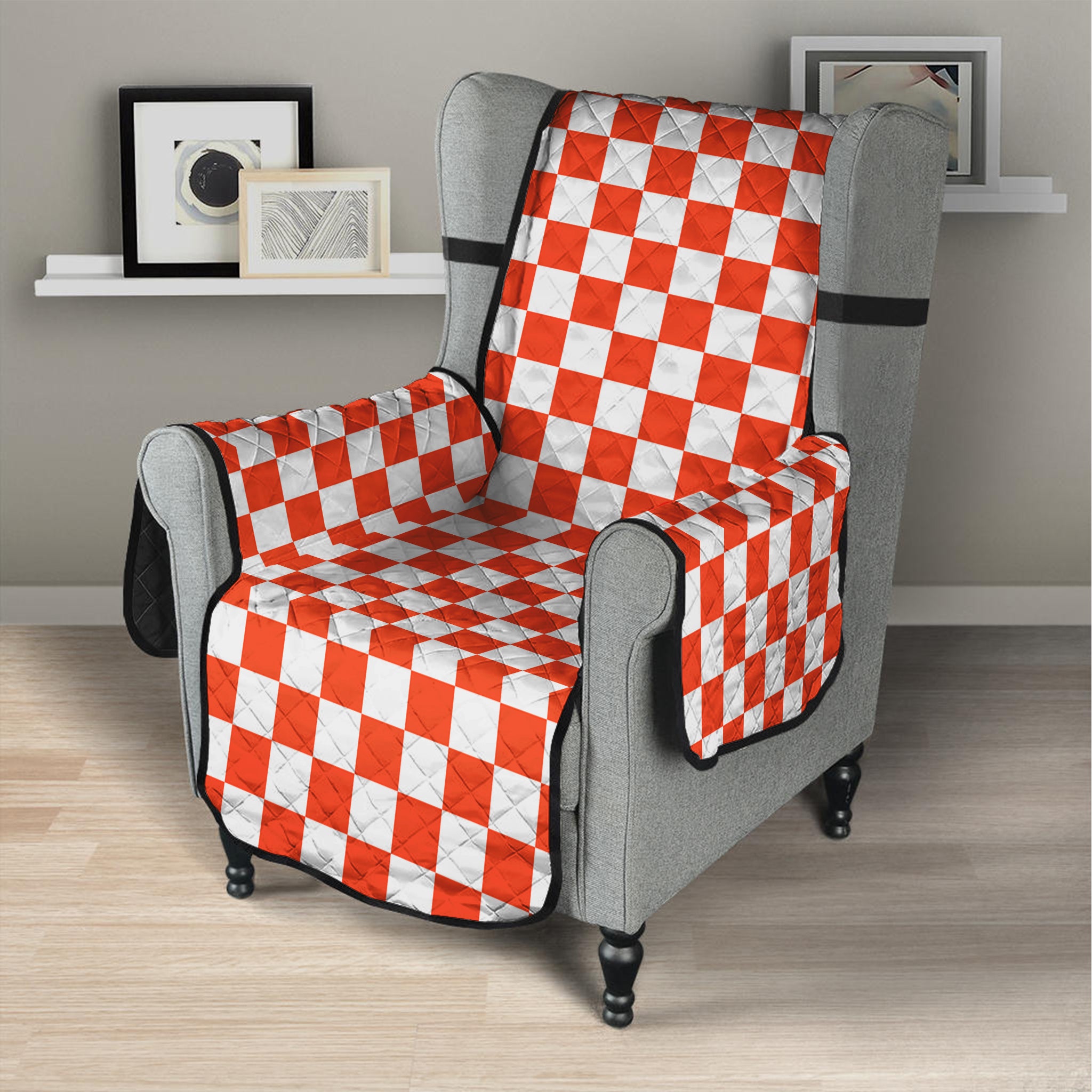 Lava Orange And White Checkered Print Armchair Protector