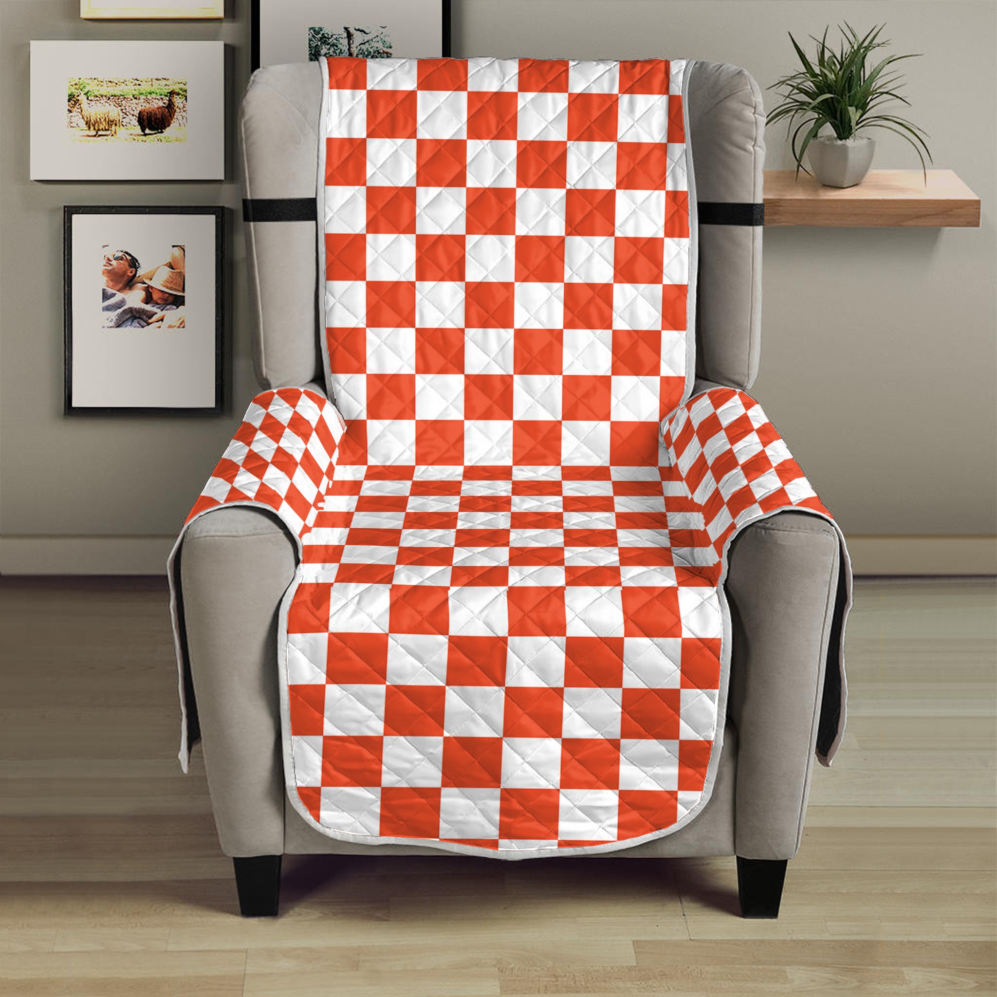 Lava Orange And White Checkered Print Armchair Protector