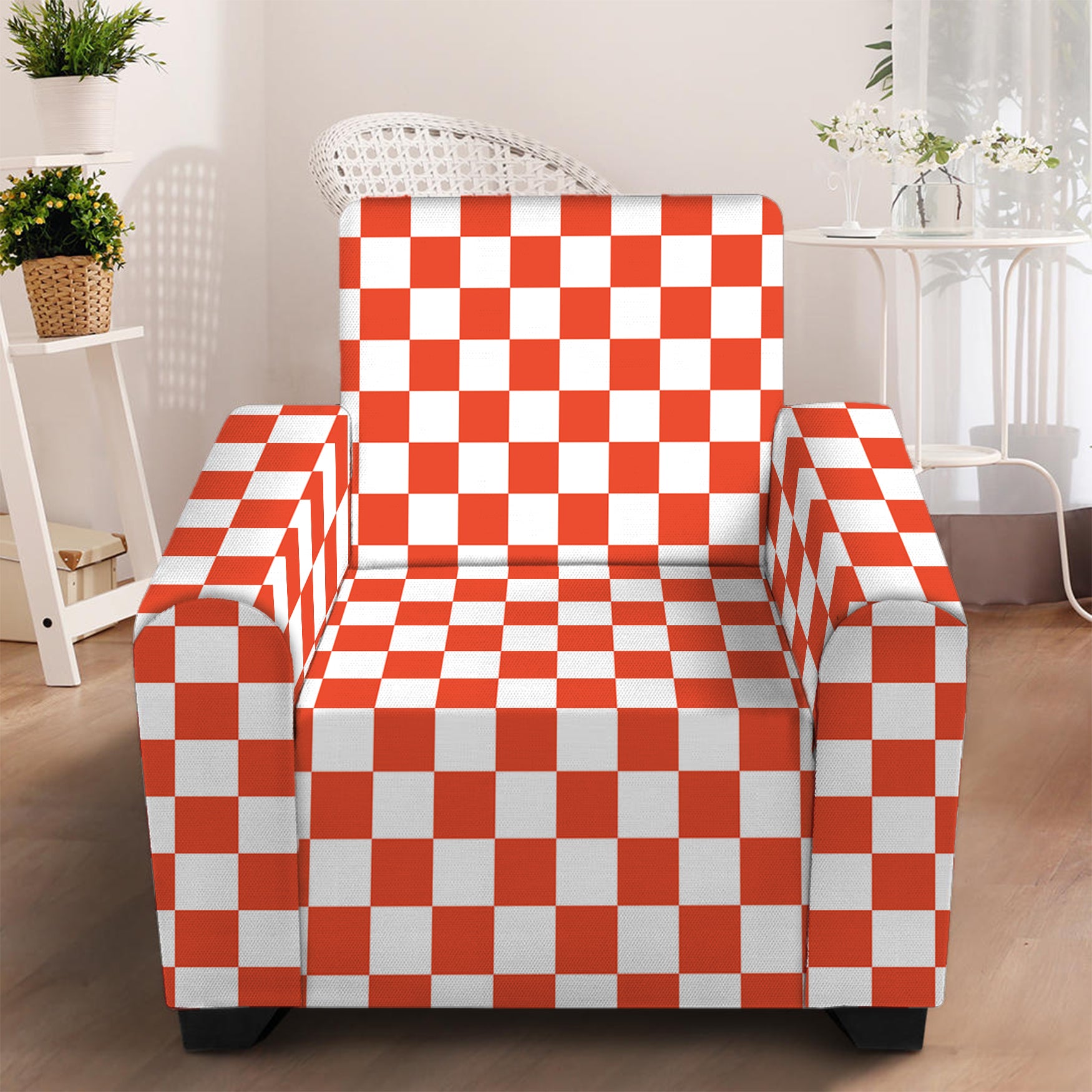 Lava Orange And White Checkered Print Armchair Slipcover