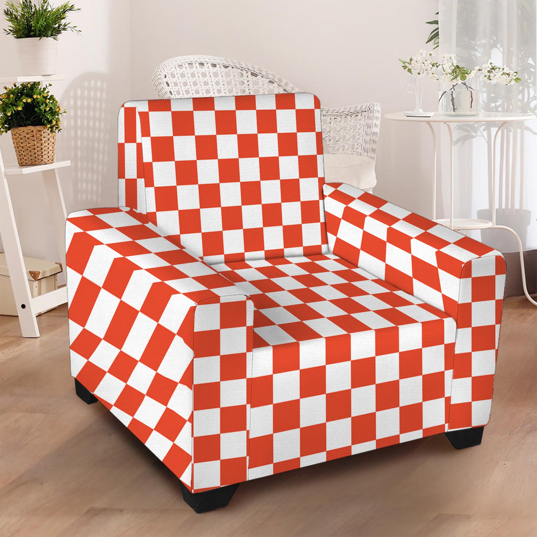 Lava Orange And White Checkered Print Armchair Slipcover