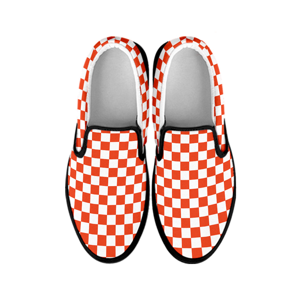 Lava Orange And White Checkered Print Black Slip On Shoes