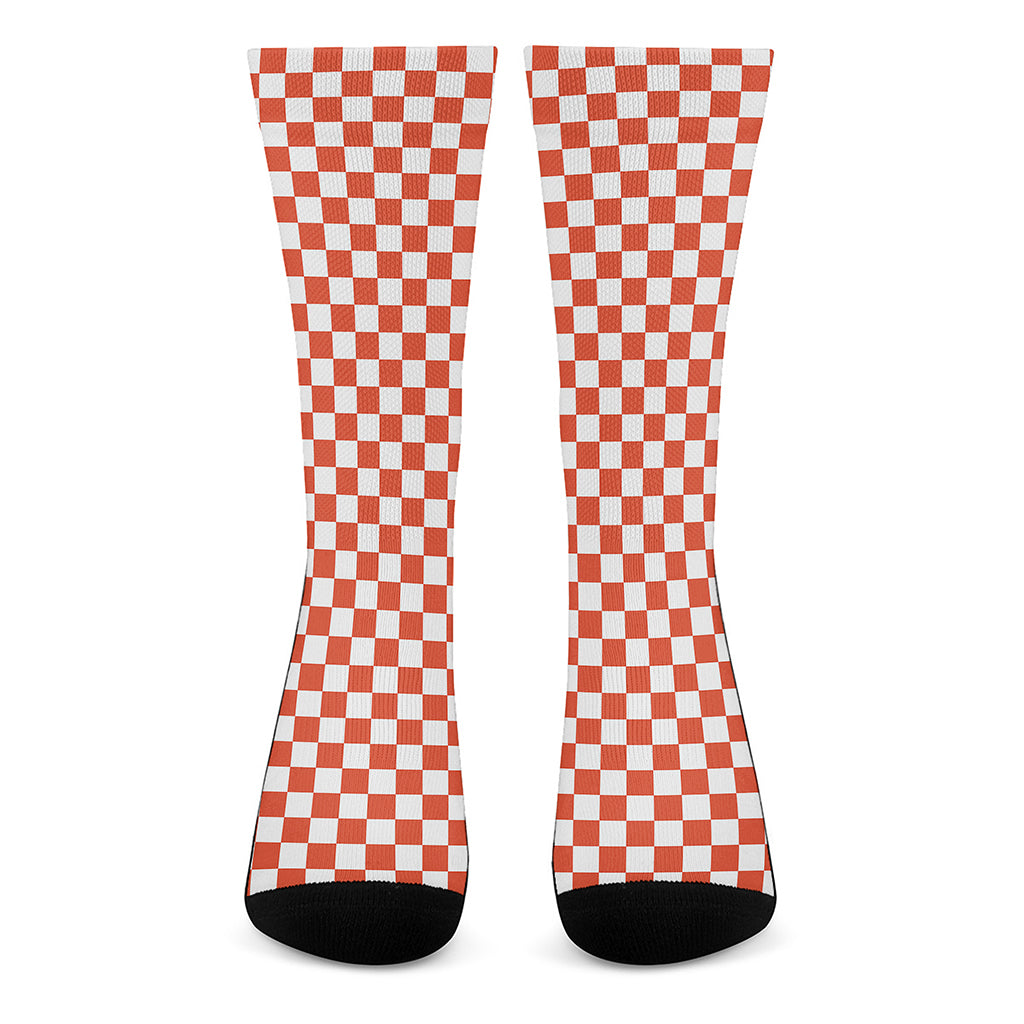 Lava Orange And White Checkered Print Crew Socks