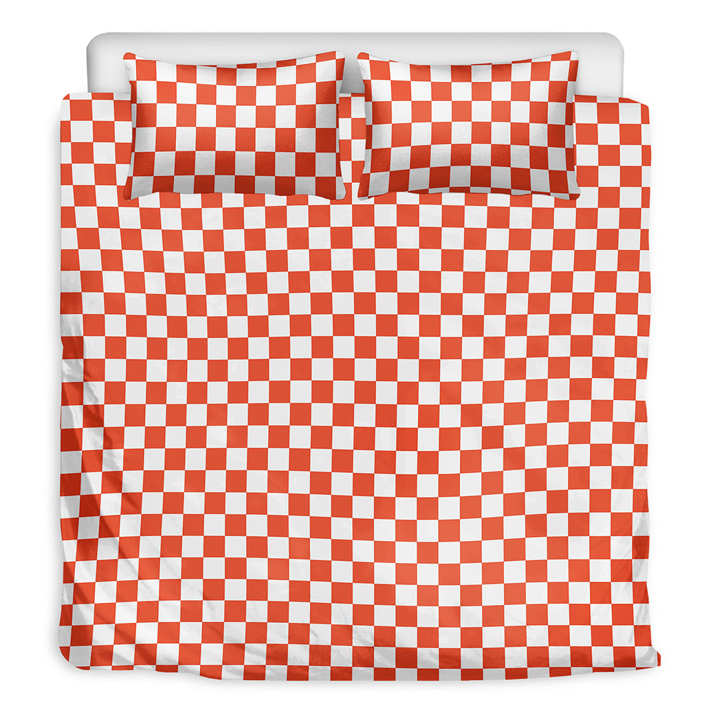 Lava Orange And White Checkered Print Duvet Cover Bedding Set