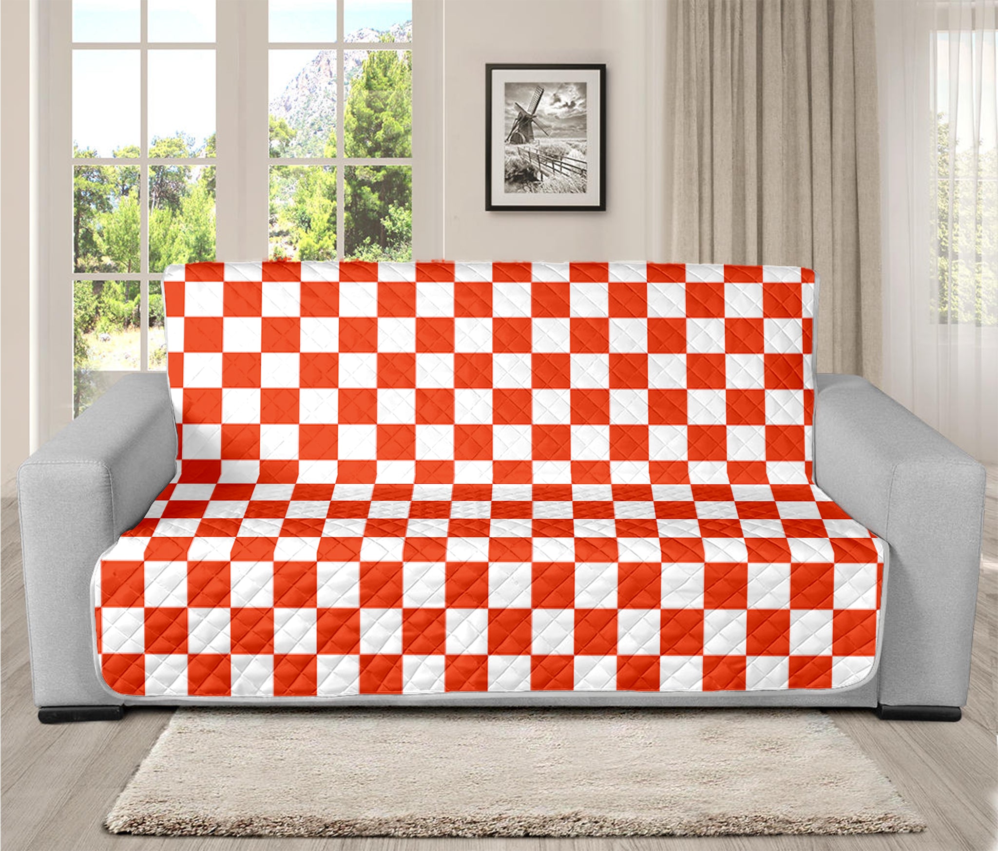 Lava Orange And White Checkered Print Futon Protector