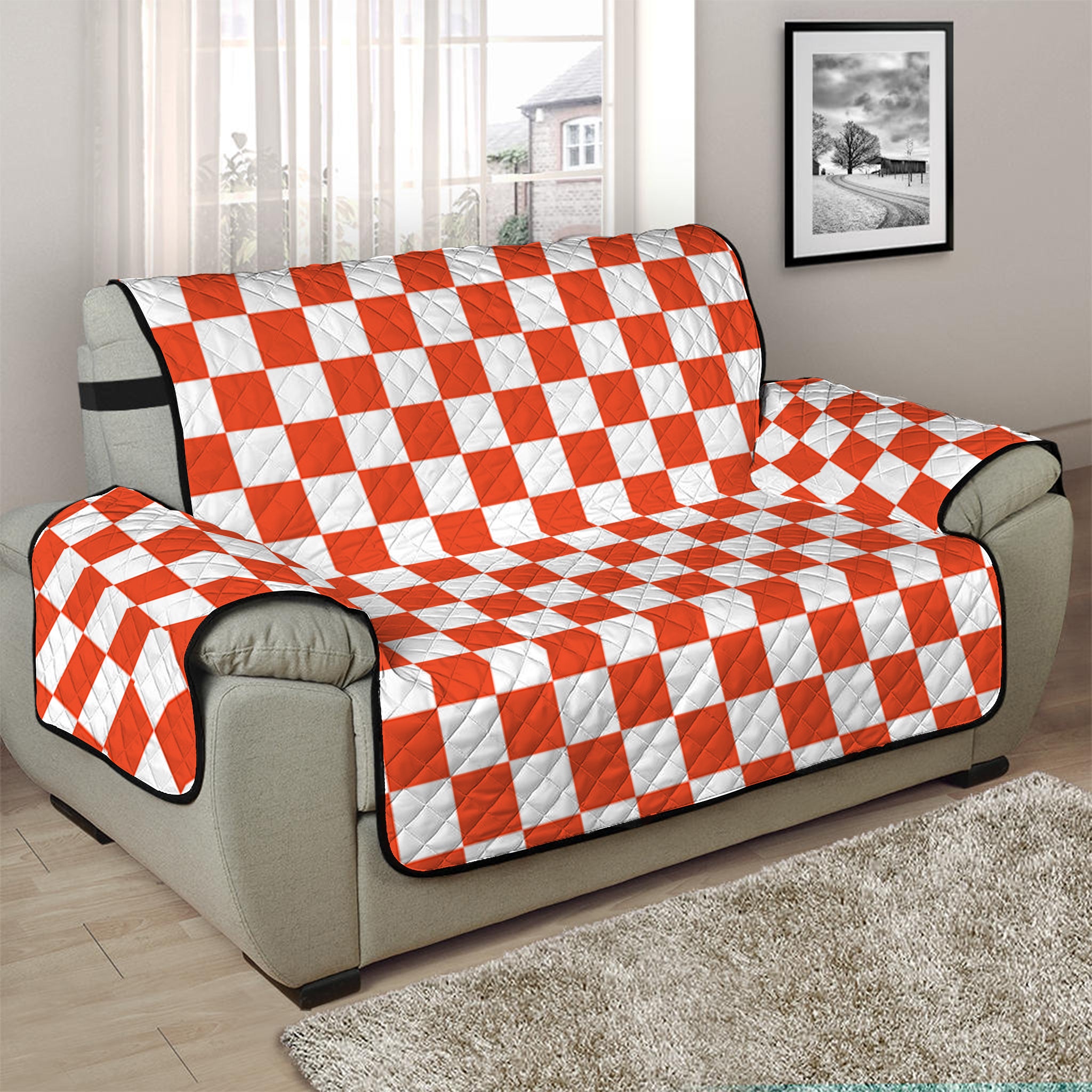 Lava Orange And White Checkered Print Half Sofa Protector