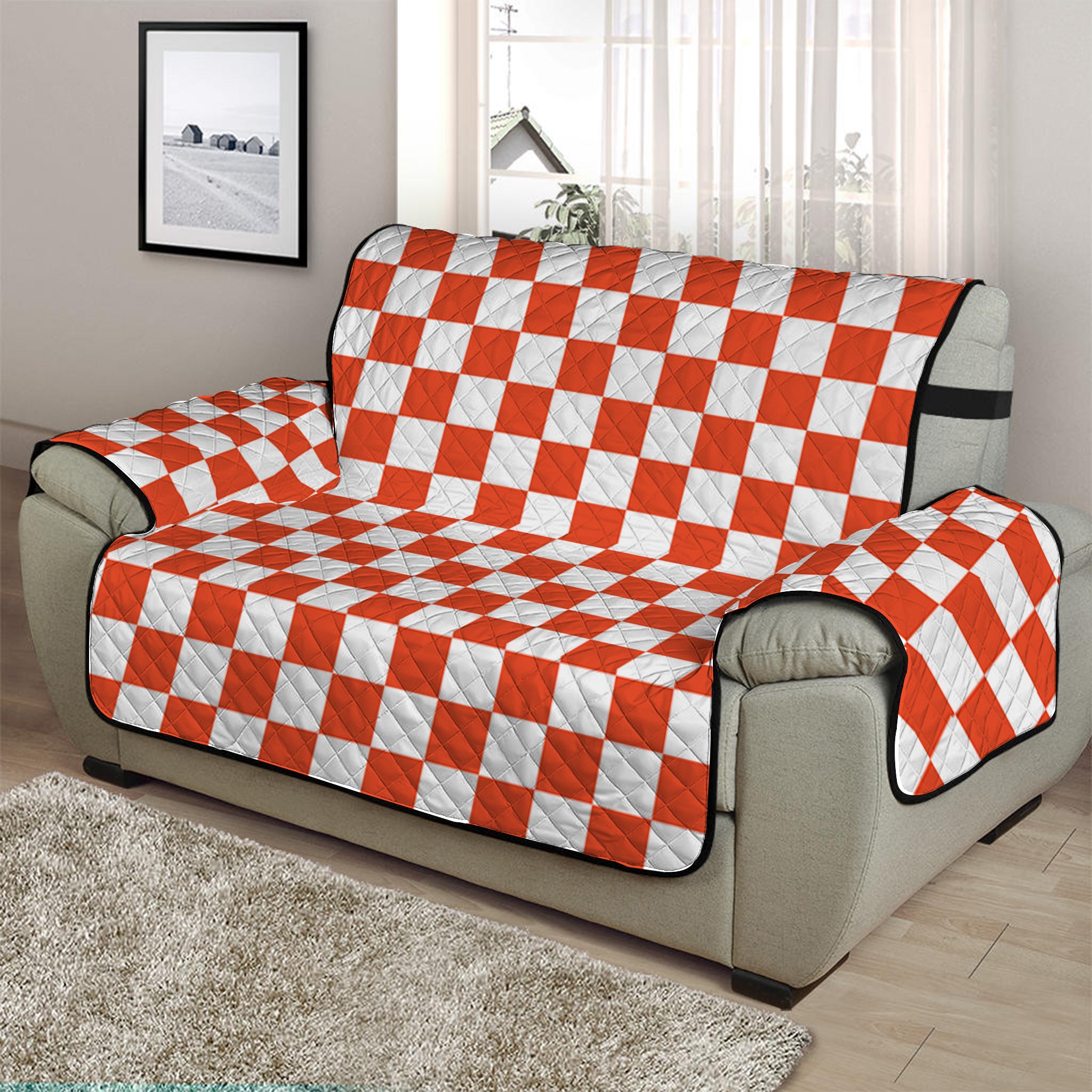 Lava Orange And White Checkered Print Half Sofa Protector