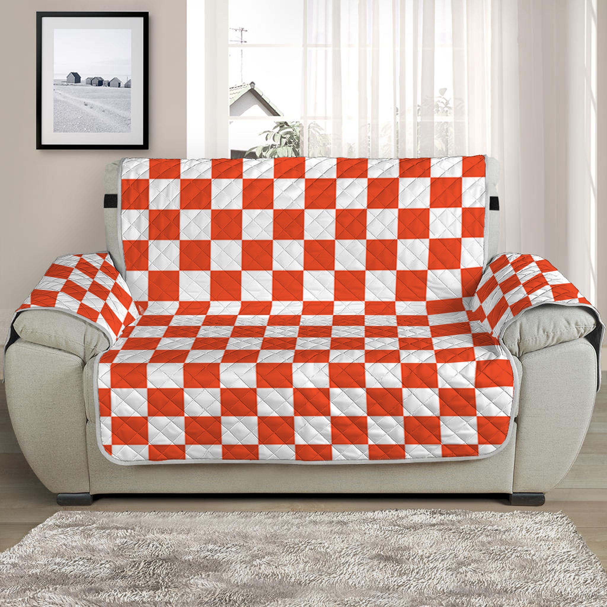 Lava Orange And White Checkered Print Half Sofa Protector