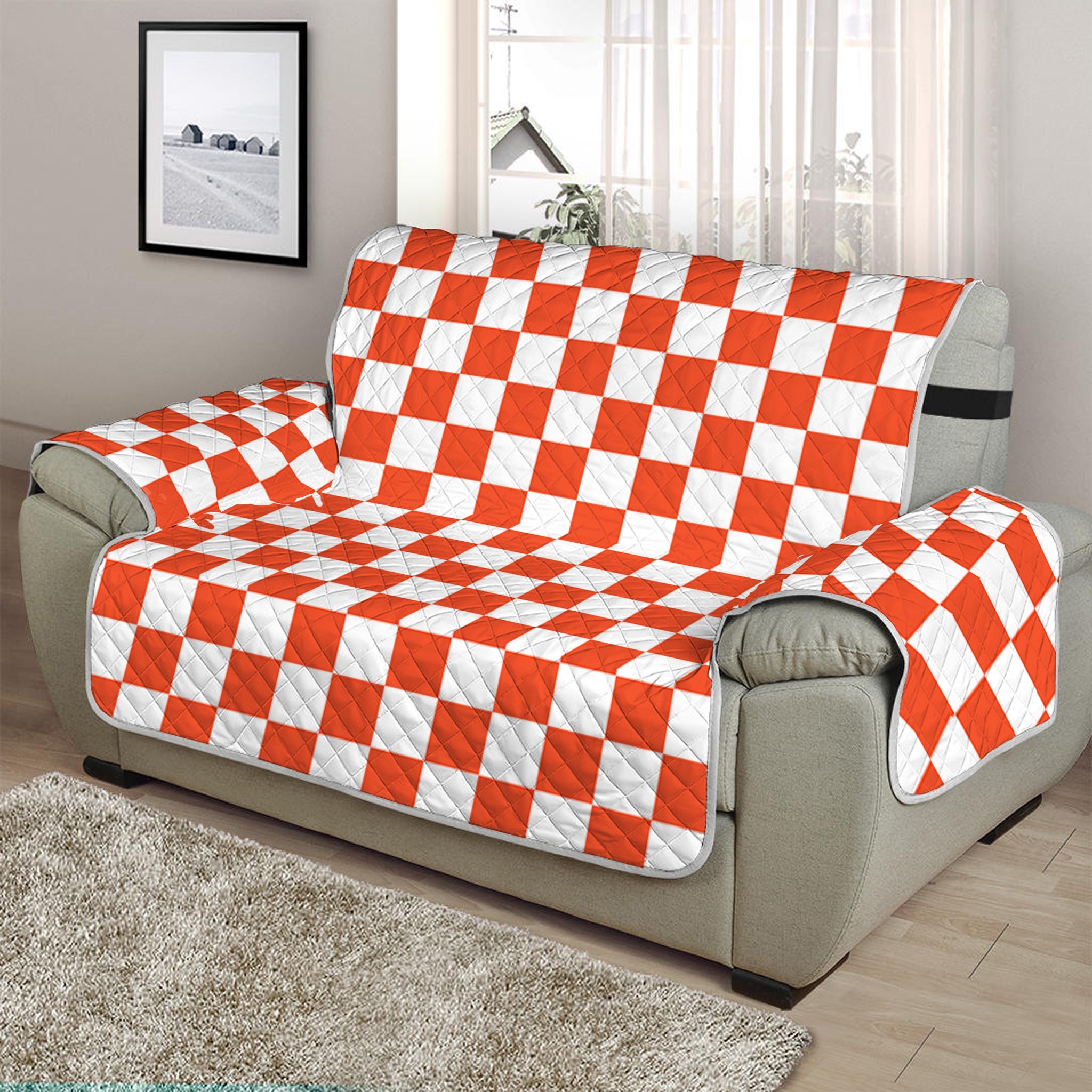 Lava Orange And White Checkered Print Half Sofa Protector