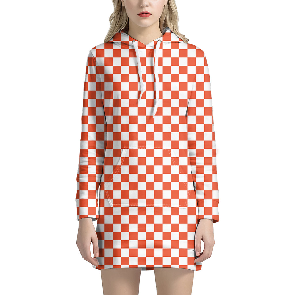 Lava Orange And White Checkered Print Hoodie Dress