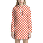 Lava Orange And White Checkered Print Hoodie Dress