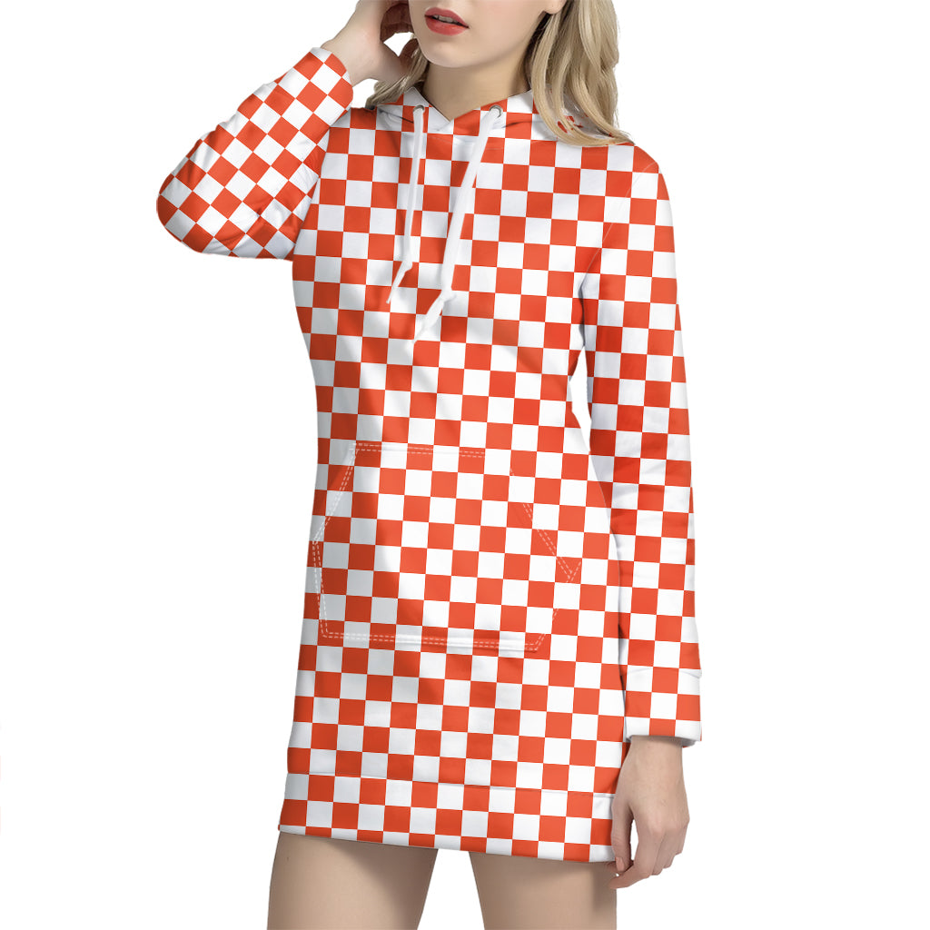 Lava Orange And White Checkered Print Hoodie Dress