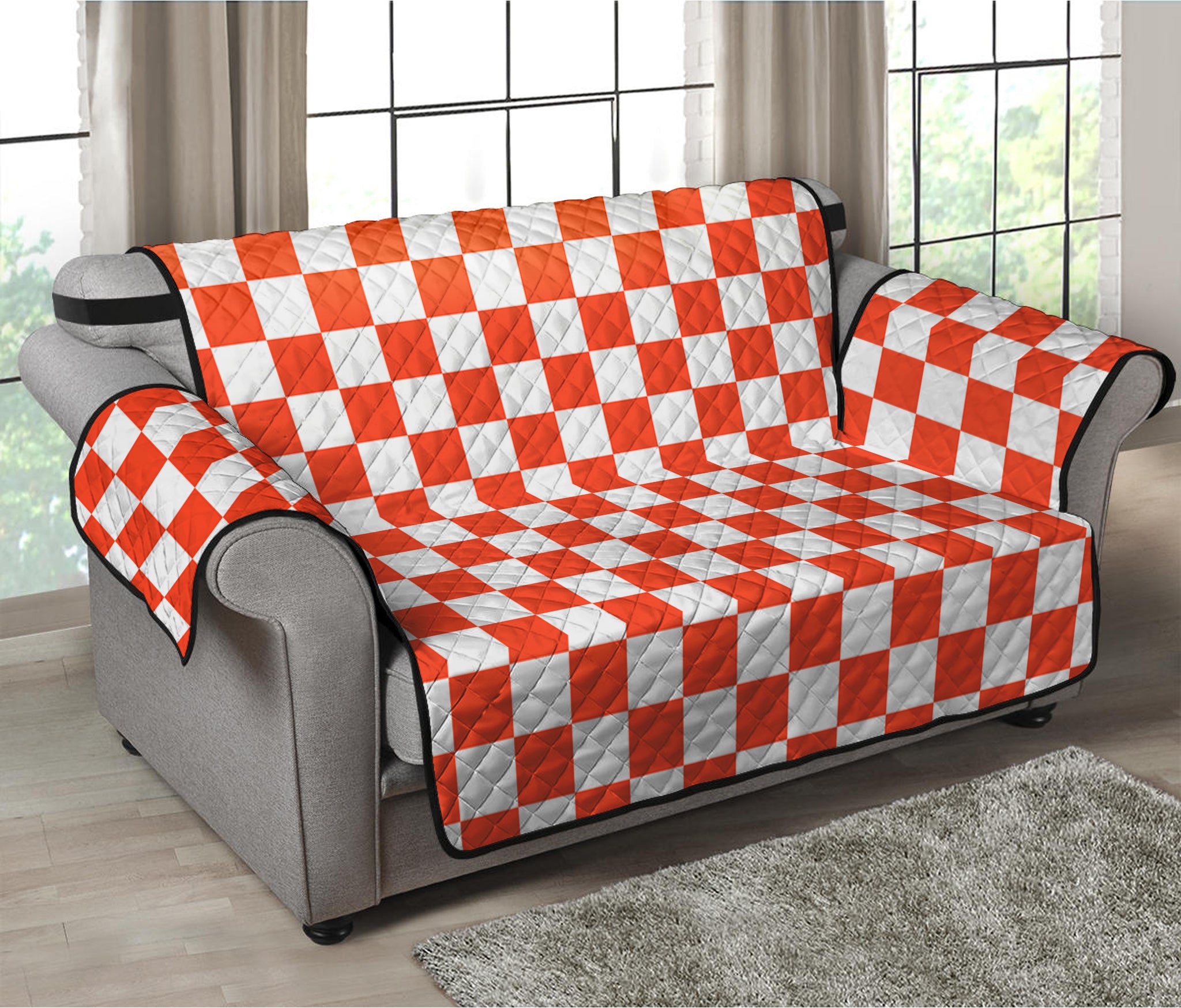 Lava Orange And White Checkered Print Loveseat Protector