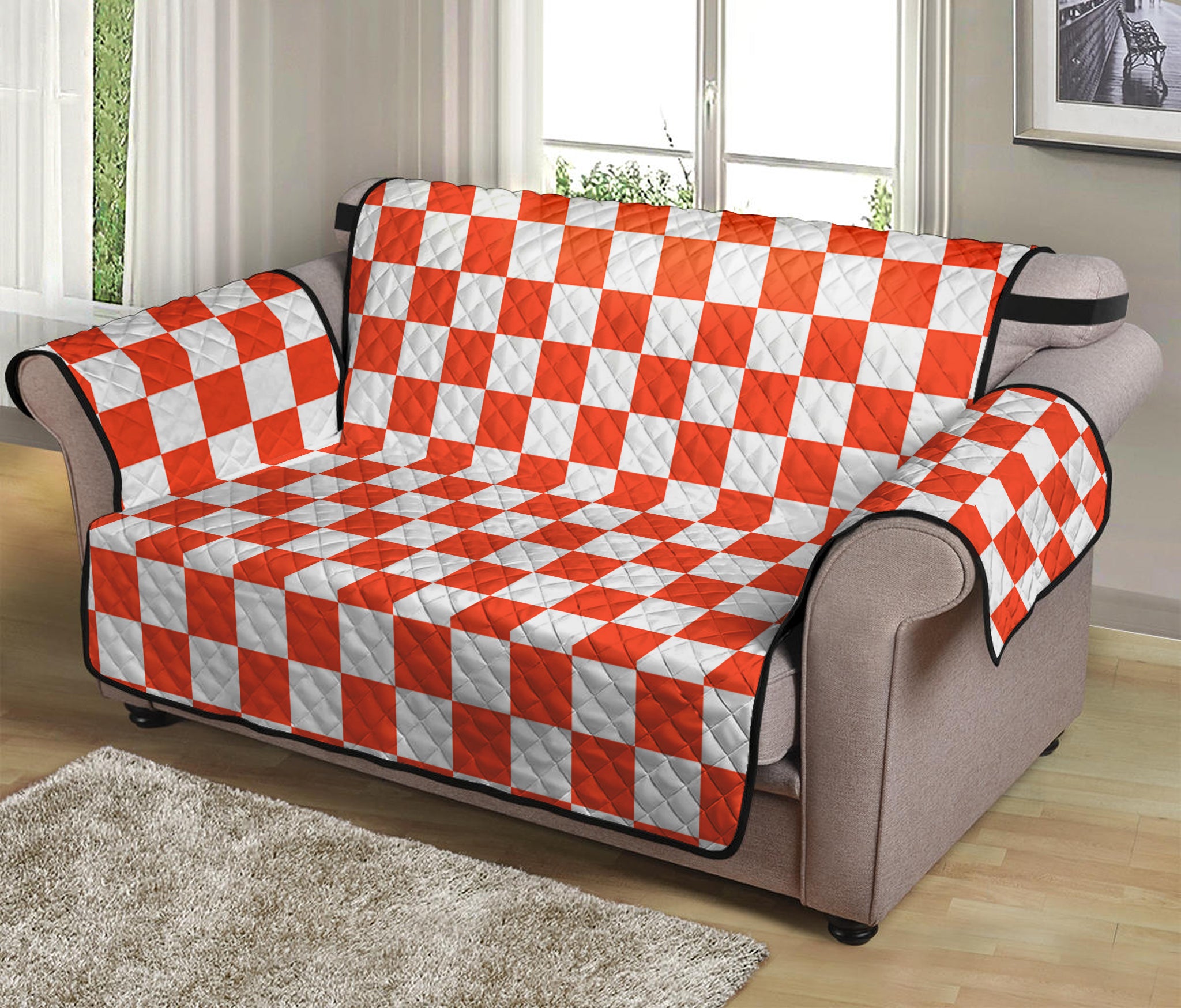 Lava Orange And White Checkered Print Loveseat Protector