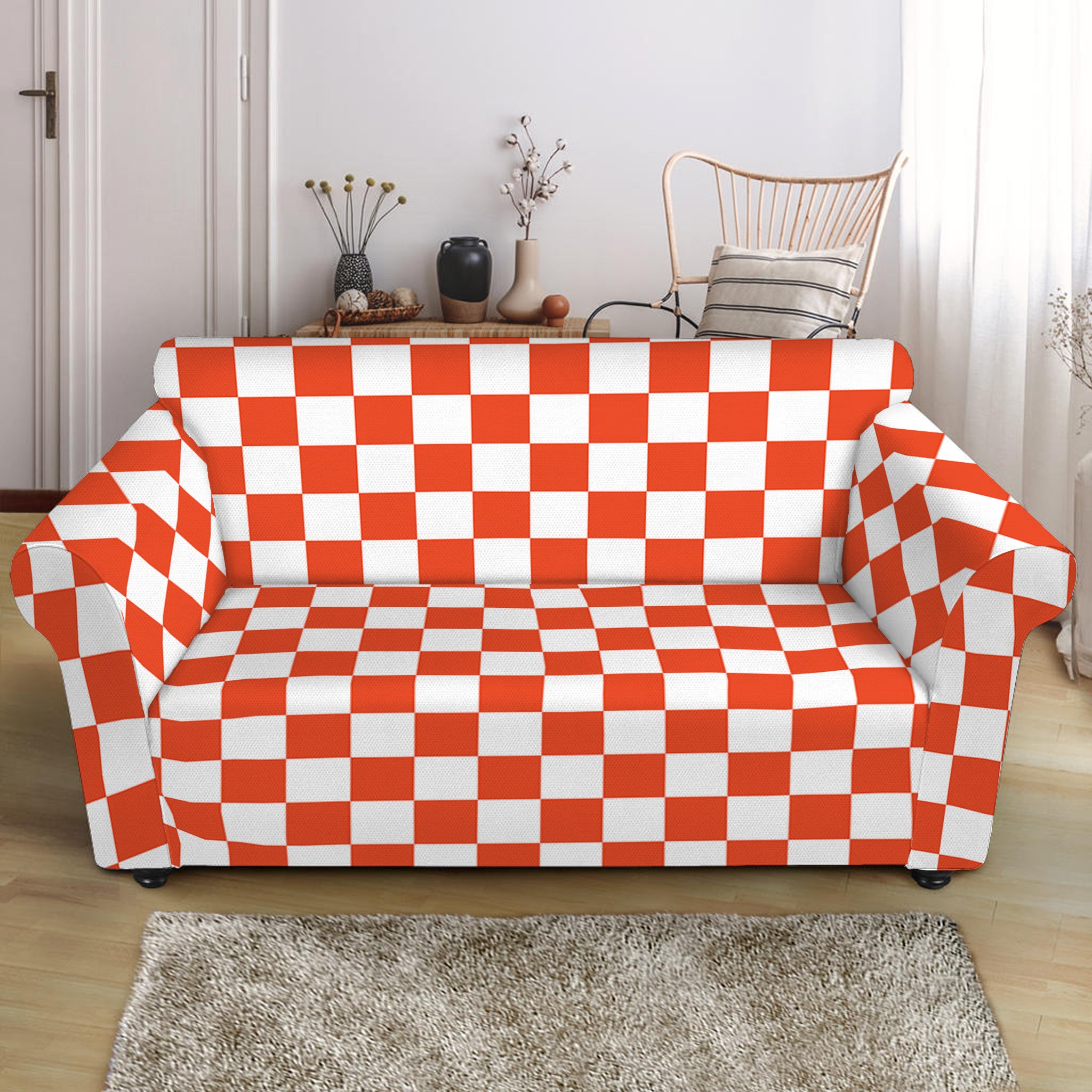 Lava Orange And White Checkered Print Loveseat Slipcover