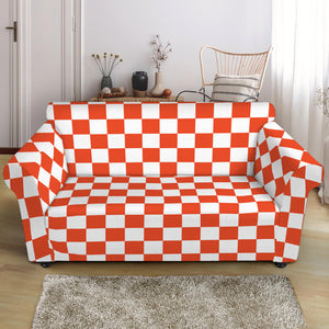 Lava Orange And White Checkered Print Loveseat Slipcover