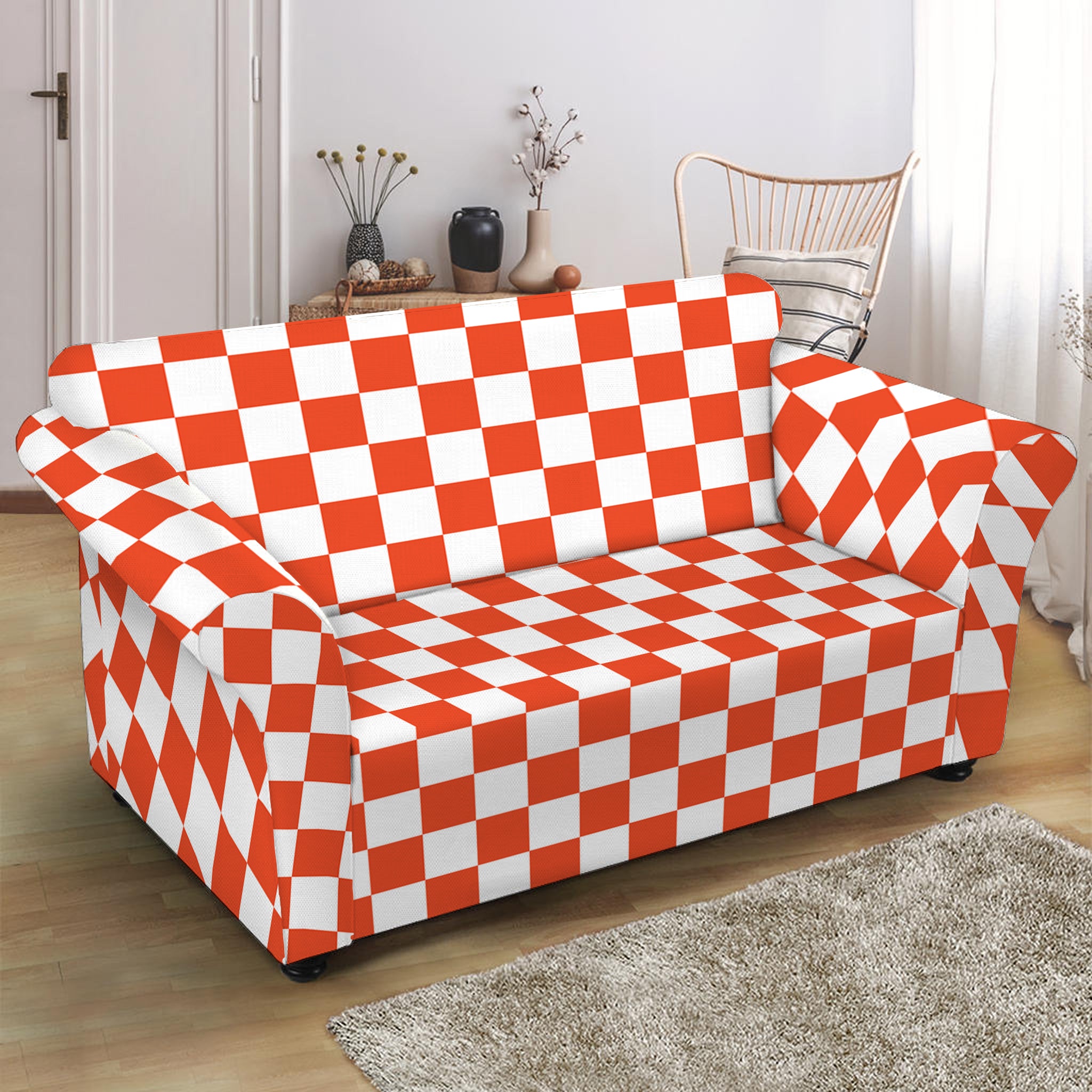 Lava Orange And White Checkered Print Loveseat Slipcover