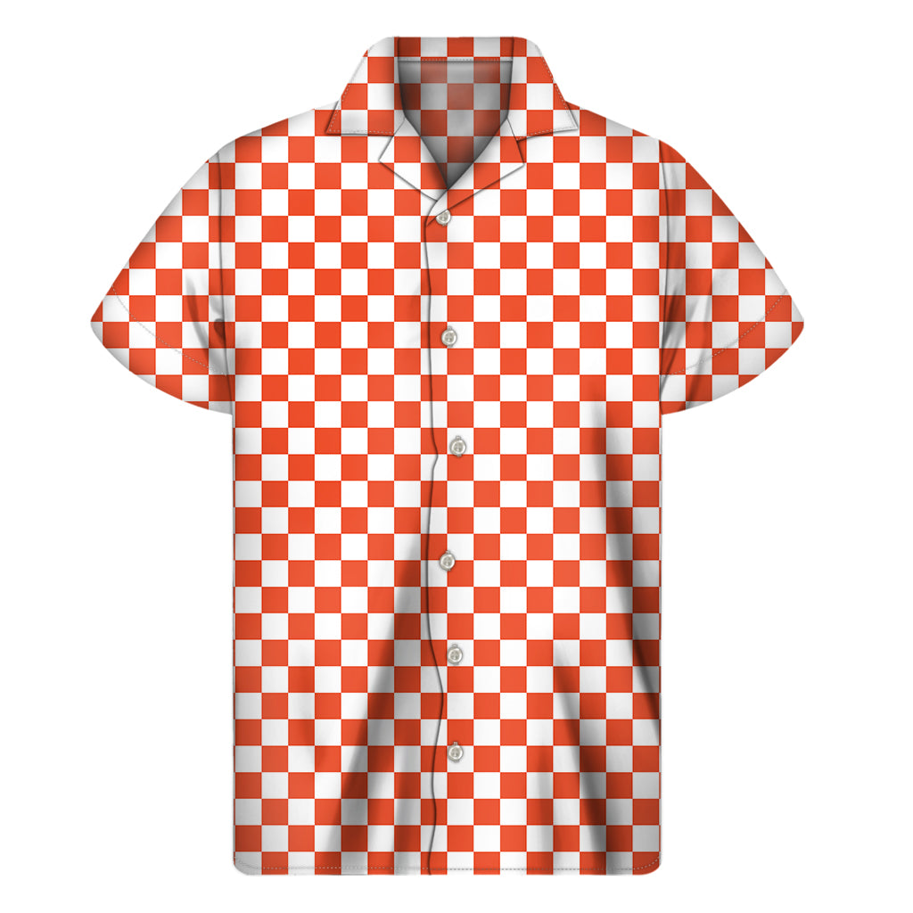 Lava Orange And White Checkered Print Men's Short Sleeve Shirt