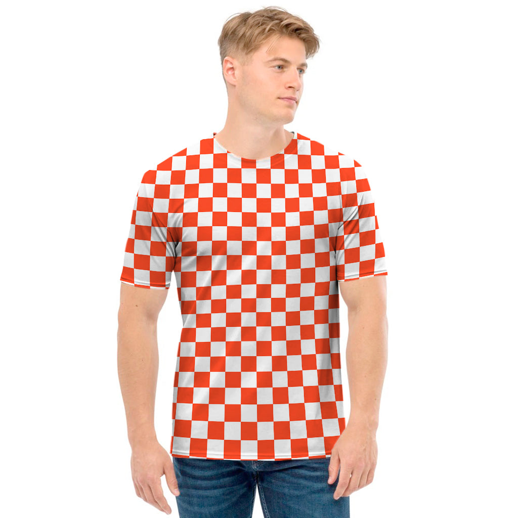 Lava Orange And White Checkered Print Men's T-Shirt