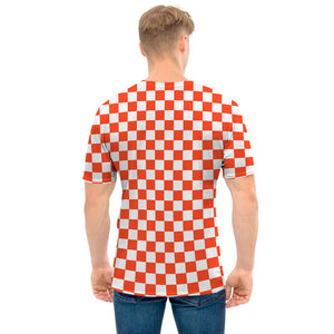 Lava Orange And White Checkered Print Men's T-Shirt