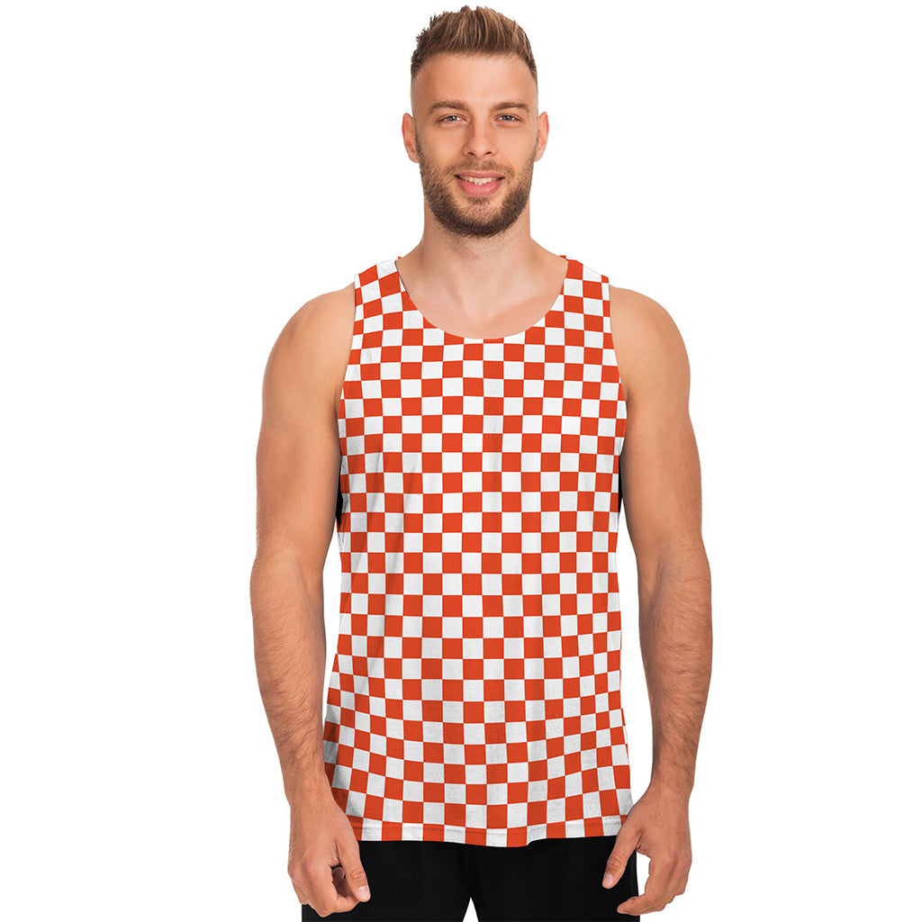 Lava Orange And White Checkered Print Men's Tank Top