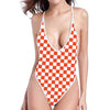 Lava Orange And White Checkered Print One Piece High Cut Swimsuit