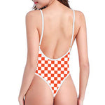 Lava Orange And White Checkered Print One Piece High Cut Swimsuit