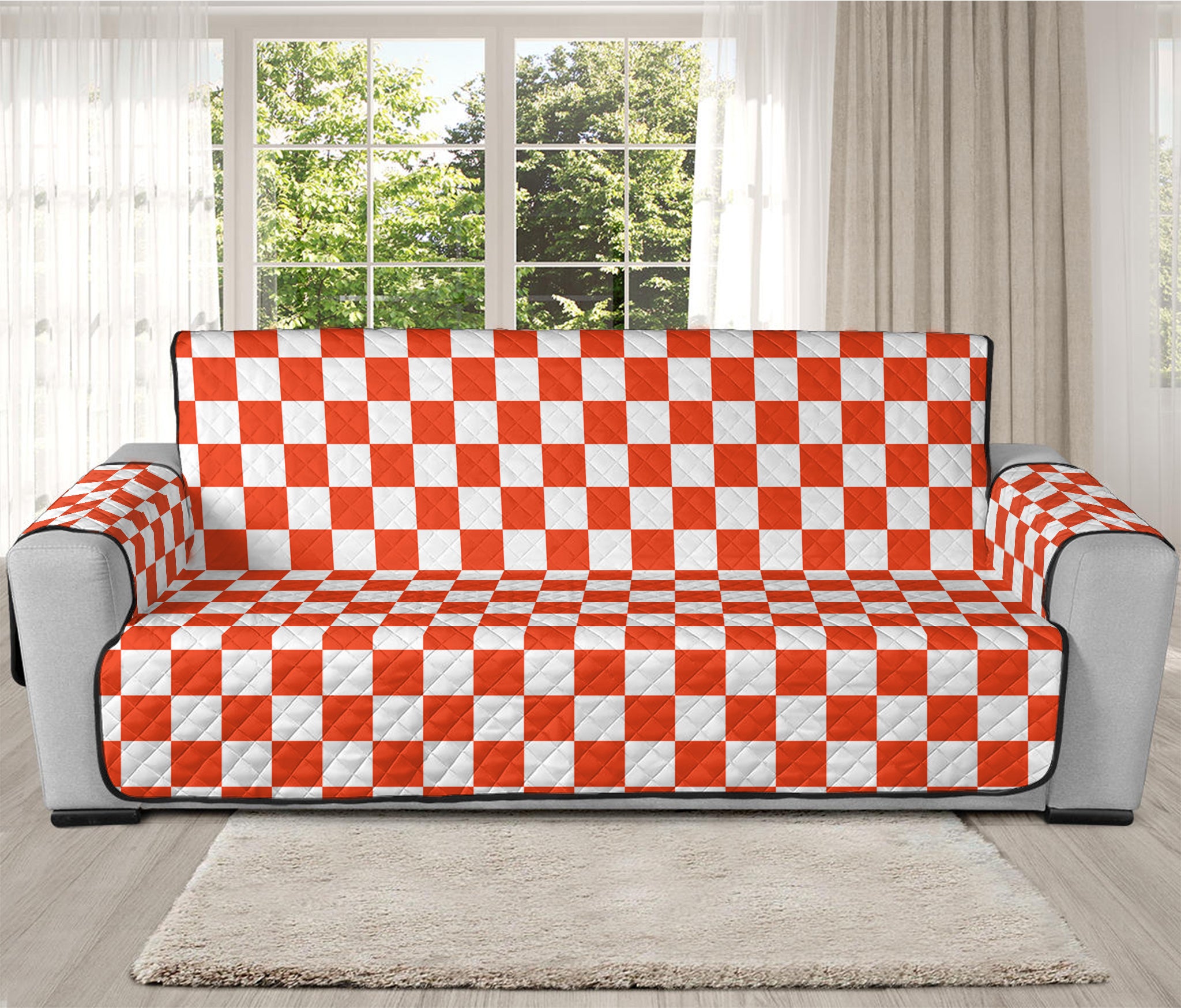 Lava Orange And White Checkered Print Oversized Sofa Protector