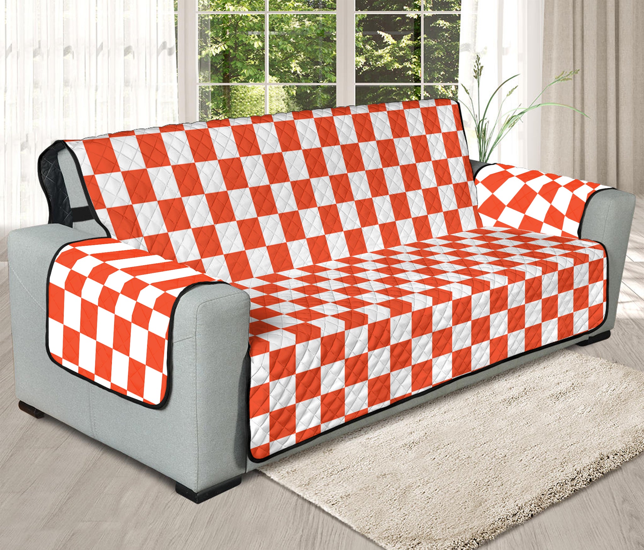 Lava Orange And White Checkered Print Oversized Sofa Protector