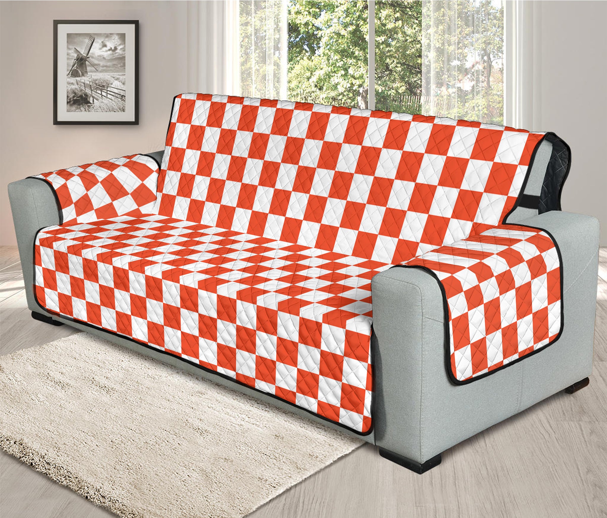 Lava Orange And White Checkered Print Oversized Sofa Protector