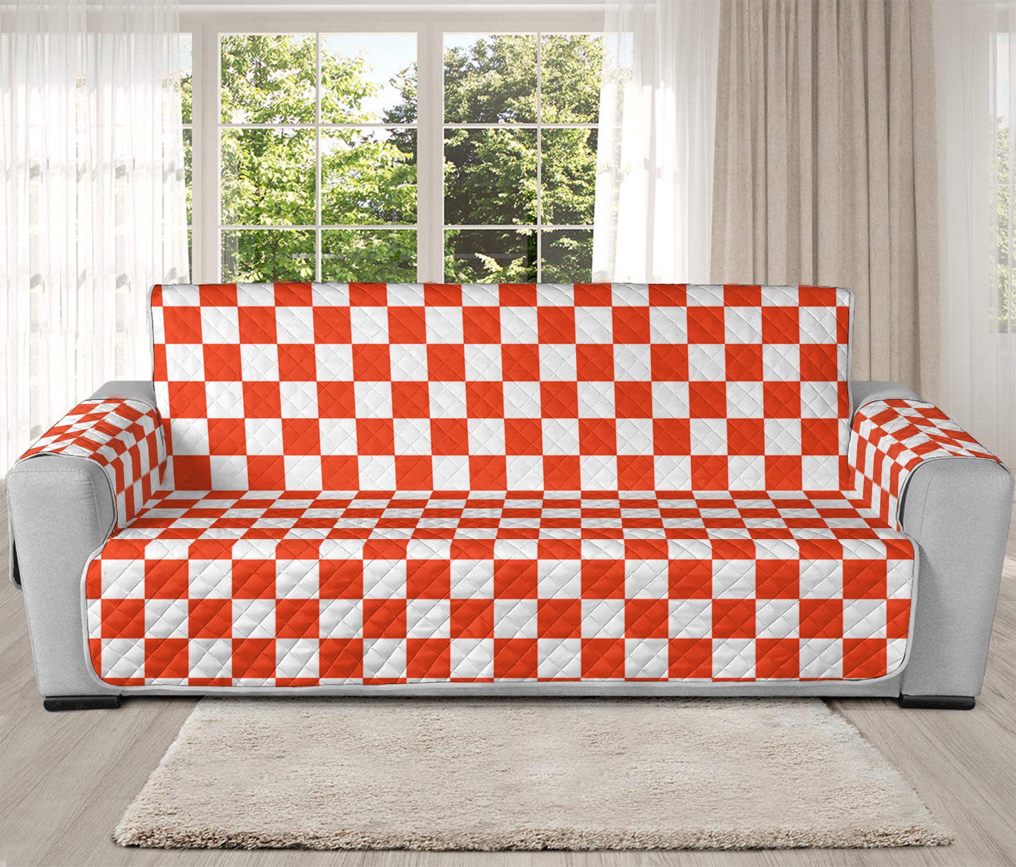 Lava Orange And White Checkered Print Oversized Sofa Protector