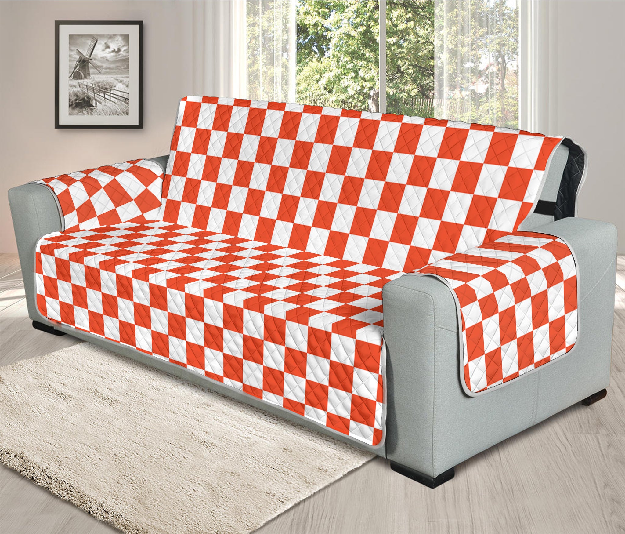 Lava Orange And White Checkered Print Oversized Sofa Protector