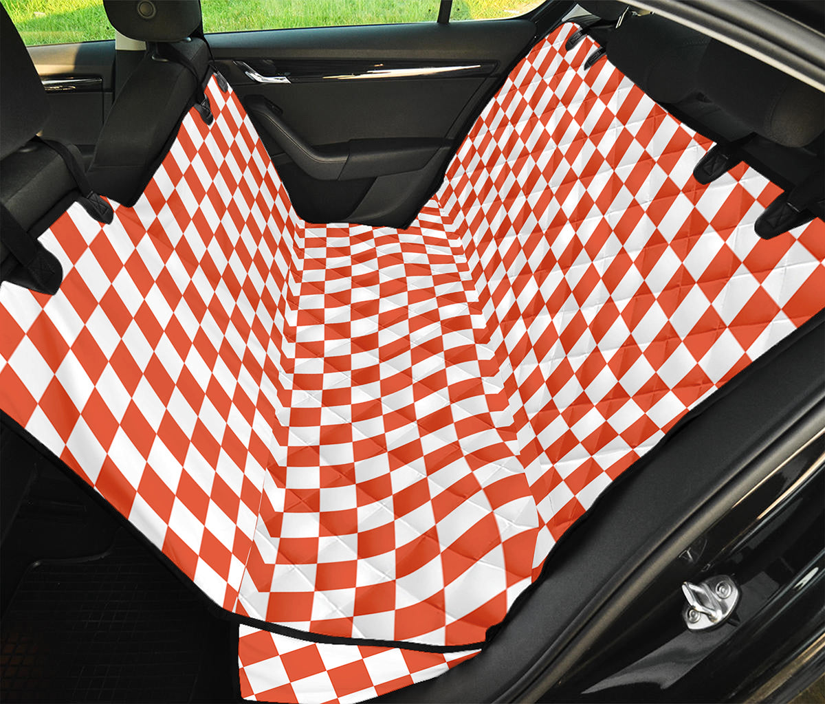 Lava Orange And White Checkered Print Pet Car Back Seat Cover