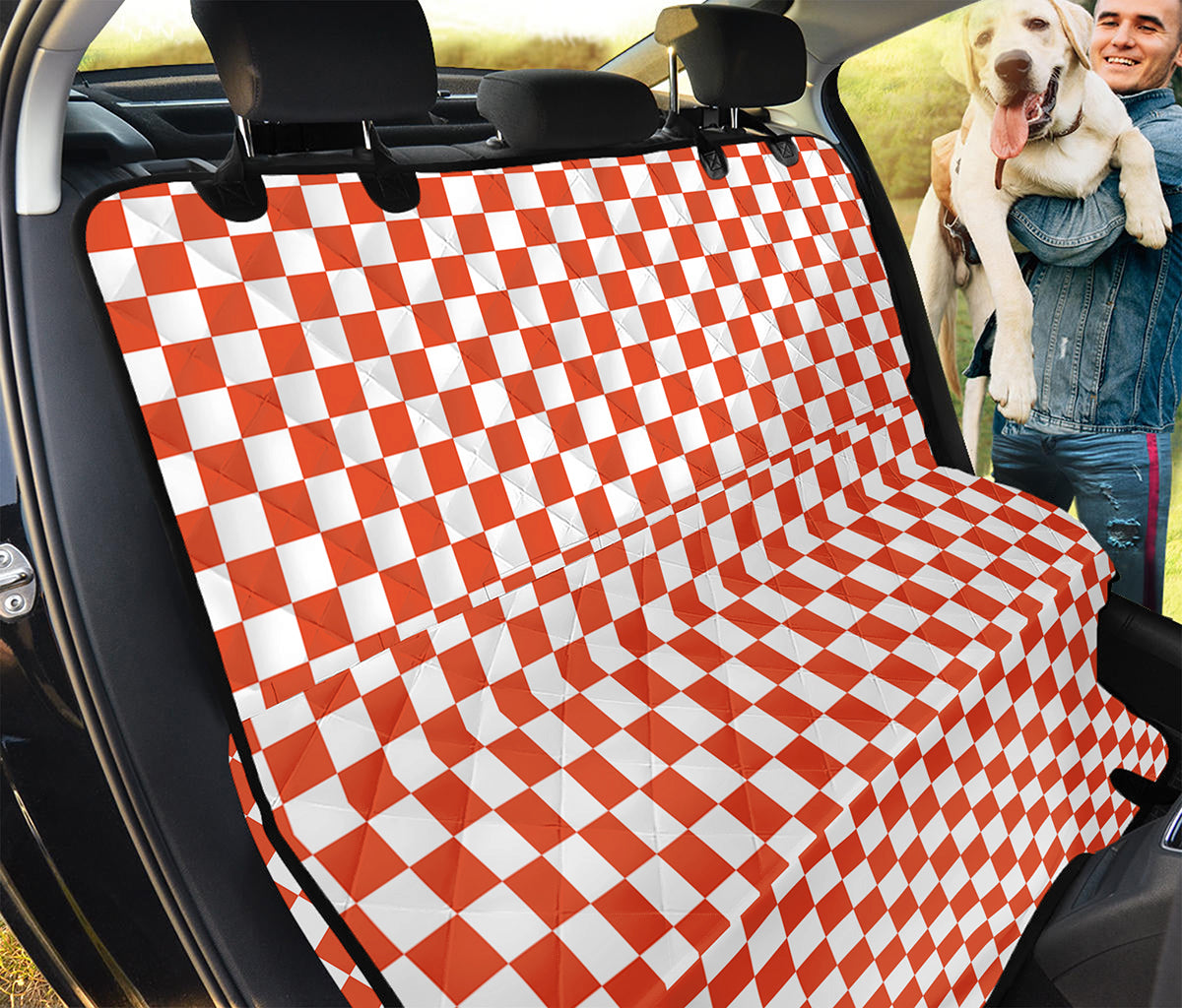 Lava Orange And White Checkered Print Pet Car Back Seat Cover